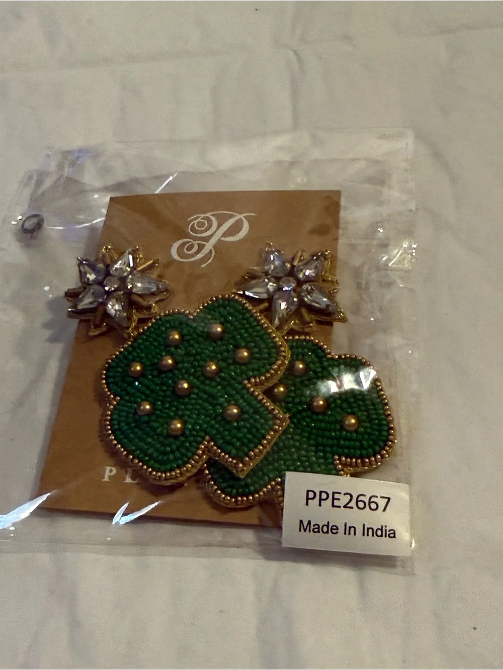 Green Beaded Clover Drop Earrings